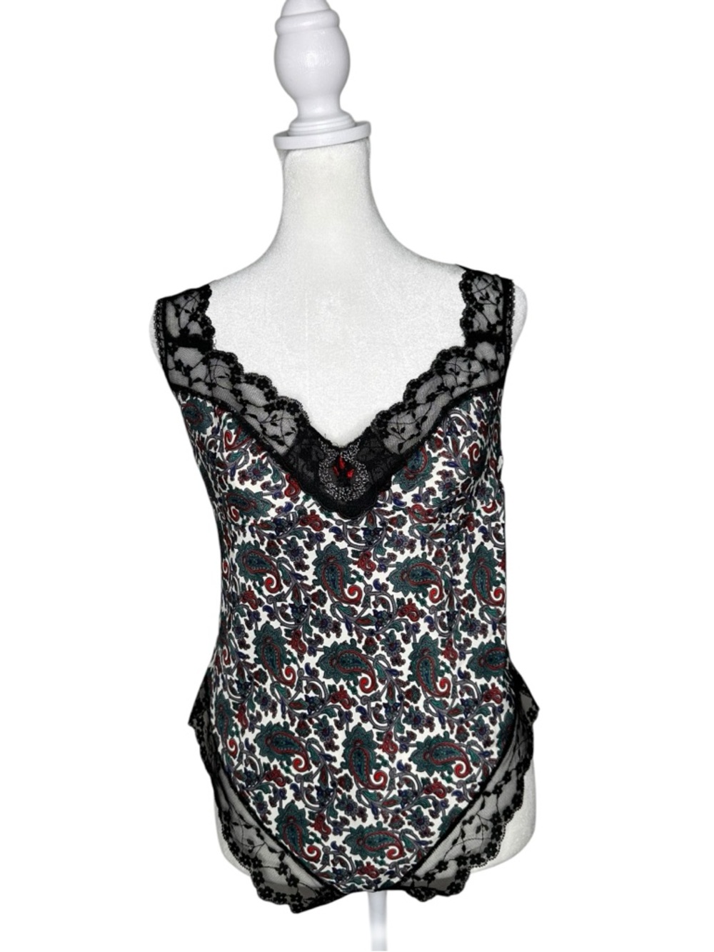 Vintage Lily of France Lace Trim Embroidery Paisley Bodysuit size L. Lingerie